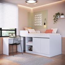 Cama Alta Multifuncional Solteiro com Estação de Trabalho 80 Jacarta Branco