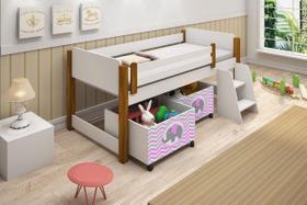 Cama Alta Solteiro com Baús Elefante Rosa e Escada