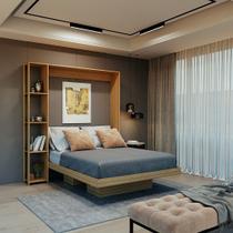 Cama Articulada Vertical Casal de Parede com 4 Prateleiras e 2 Nichos MDP Amêndoa Até 240kg Tecnomobili
