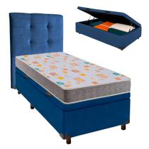 Cama + Bau Azul e Colchão D20 Solteiro - D20 Inducol + Cabeceira Cama + Bau Azul e Colchão D20 Solteiro - D20 Inducol + Cabeceira