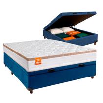 Cama + Bau Azul e Colchão Molas Ensacadas Casal