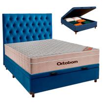 Cama + Bau Azul e Colchão Ortobom Molas Ensacadas Casal - Airtech + Cabeceira