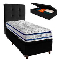 Cama + Bau Preto e Colchão Molas Ensacadas Solteiro - Blue Paropas + Cabeceira Cama + Bau Preto e Colchão Molas Ensacadas Solteiro - Blue Paropas + Cabeceira