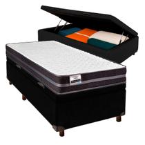 Cama + Bau Preto e Colchão Molas Ultralastic Solteiro