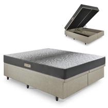 Cama Baú Queen 158x198 material sintético Linho Bege com Dual Firm Espuma Ecoflex