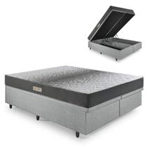 Cama Baú Queen 158x198 material sintético Linho Cinza com Dual Firm Espuma Ecoflex