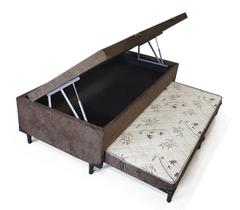 Cama Baú Solteiro C/ cama Auxiliar Ortopédica 88 x 188- Suede Marrom - Tampo Bambu Marrom