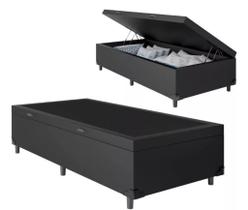 Cama baú solteiro preto blindado com pistão a gás 0.88x188