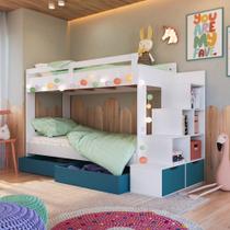 Cama Beliche Infantil com Escada e Nichos com 2 Gavetões Branco Azul - Completa Móveis