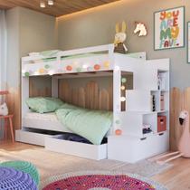 Cama Beliche Infantil com Escada e Nichos com 2 Gavetões Branco - Completa Móveis