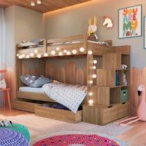 Cama Beliche Infantil Solteiro Com 05 Nichos E 02 Gavetões 231cm Aveiro OAK Decker Shop Jm