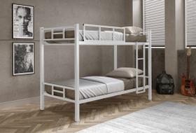 Cama beliche militar solteiro de aço / ferro com escada e grade de proteção 1,88 x 0,88 - branco