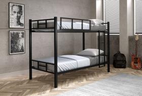 Cama beliche solteiro 100 % aço / ferro com escada e grade de proteção reforçada - preto - Marroart