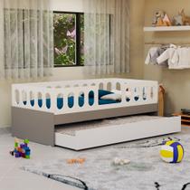Cama Bicama infantil Lara Solteiro Reforçada com Cama Auxiliar Branco e Cinza Baby Mobília