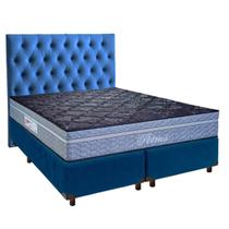 Cama + Box Azul e Colchão Molas Ensacadas Queen - Petrus Paropas + Cabeceira