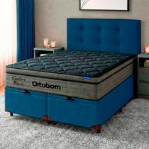 Cama Box Bau Azul + Cabeceira + Colchão King Confort Black Ortobom