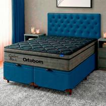Cama Box Bau Azul + Cabeceira + Colchão Queen Confort Black Ortobom