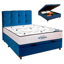 Cama Box Bau Azul+Colchão Casal High Foam Ortobom+Cabeceira Cama Box Bau Azul+Colchão Casal High Foam Ortobom+Cabeceira