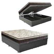 Cama Box Baú Bipartido Casal material sintético + Colchão Casal Espuma Extra Firme D33 Elegance Ortopédico 72x138x188 Cinza