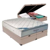 Cama Box Baú Bipartido King Bege e Colchão Freedom Molas Ensacadas Ortobom