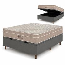 CAMA BOX BAÚ BLINDADO CASAL COM COLCHÃO MOLAS ENSACADAS AIRTECH SPRINGPOCKET 138x188x61CM BEGE E CINZA
