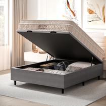 CAMA BOX BAÚ BLINDADO CASAL COM COLCHÃO MOLAS ENSACADAS AIRTECH SPRINGPOCKET 138x188x61CM BEGE E CINZA