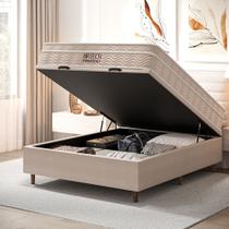 Cama Box Baú Blindado Casal Com Colchão Ortobom Airtech Pocket 138x188x67cm Macio Base Reforçada Bege