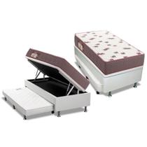 Cama Box Baú c/Auxiliar Solteiro: Colchão Espuma Ortobom D28 Light Saúde + Base CRC Courano White(88x188)