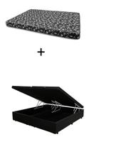 Cama Box Baú Casal 138 Bipartido - Bello Box Tecido Sintético Preto com Colchão New York Preto D28 - 100% Espuma - 54x138x188