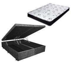 Cama Box Baú Casal Bi-Partido Green Cinza Suede + Colchão Espuma D33 138x188x16