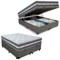 Cama Box Baú Casal Bipartido Sintético + Colchão Anjos Black Graphite Molas Ensacadas 138x188x64cm Cinza