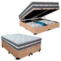 Cama Box Baú Casal Bipartido Sintético + Colchão Black Graphite Molas Ensacadas 138x188x64cm Bege