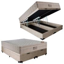 Cama Box Baú Casal Bipartido Sintético + Colchão Ortobom Airtech Molas Ensacadas 65x138x188 Bege