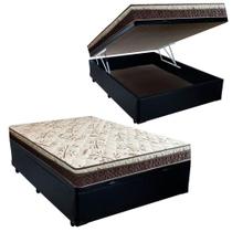 Cama Box Baú Casal Blindado material sintético + Colchão Casal Espuma Extra Firme D33 Elegance Ortopédico 64x138x188 Preto