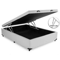 Cama Box Baú Casal Blindado Sintético Branco Com Pistão A Gás