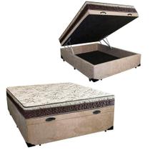 Cama Box Baú Casal Blindado Suede + Colchão Casal Espuma Extra Firme D33 Elegance Ortopédico 72x138x188 Cor:bege