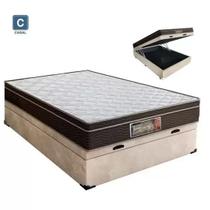 Cama Box Baú Casal Colchão Molas Bonnel + Box Suede Bege 59x138x188