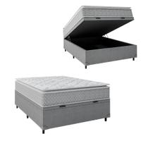 Cama Box Baú Casal Colchão Molas Ensacadas Pillow Top Perfect 138x188x74cm Cinza/Branco Umaflex