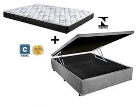 Cama Box Baú Casal Conforto Sintético Cinza + Colchão Casal Conforto Espuma D23 Com EPS 17x138x188