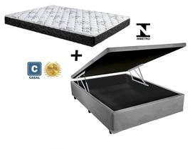 Cama Box Baú Casal Conforto Sintético Cinza + Colchão Casal Conforto Espuma D33 Com EPS 14x138x188