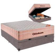 Cama Box Baú Casal e Colchão Airtech Spring Pocket Molas Ensacadas Ortobom Cinza