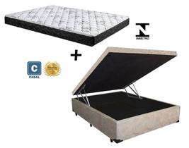Cama Box Baú Casal Green Bege Suede + Colchão Espuma D28 138x188x8