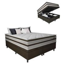 Cama Box Baú Casal King Gazin Colchão Molas Ensacadas Pillow Top Love Story 193x203x71cm Branco / Marrom - Suporta Até 120Kg Por Pessoa