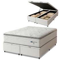 Cama Box Baú Casal Queen Colchão Molas Guarda Costas Com Pillow 158x198x81cm Branco/Cinza