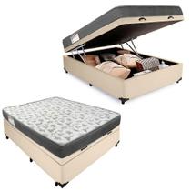Cama Box Baú Casal Sintético + Colchão De Molas Ensacadas 138x188x62cm Bege