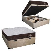 Cama Box Baú Casal Suede + Colchão Casal Polar Molas Ensacadas Safira Plus Euro Pilow 68x138x188 Bege