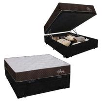 Cama Box Baú Casal Suede + Colchão Casal Polar Molas Ensacadas Safira Plus Euro Pilow 68x138x188 Preto