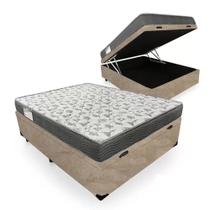 Cama Box Baú Casal Suede + Colchão De Molas Ensacadas Serene 138x188x62cm Bege