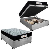 Cama Box Baú Casal Suede + Colchão Molas Ensacadas SerenePrime Sonnolux 138x188x69 Cinza