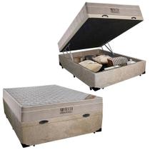 Cama Box Baú Casal Suede + Colchão Ortobom Airtech Molas Ensacadas 138x188x65 Bege